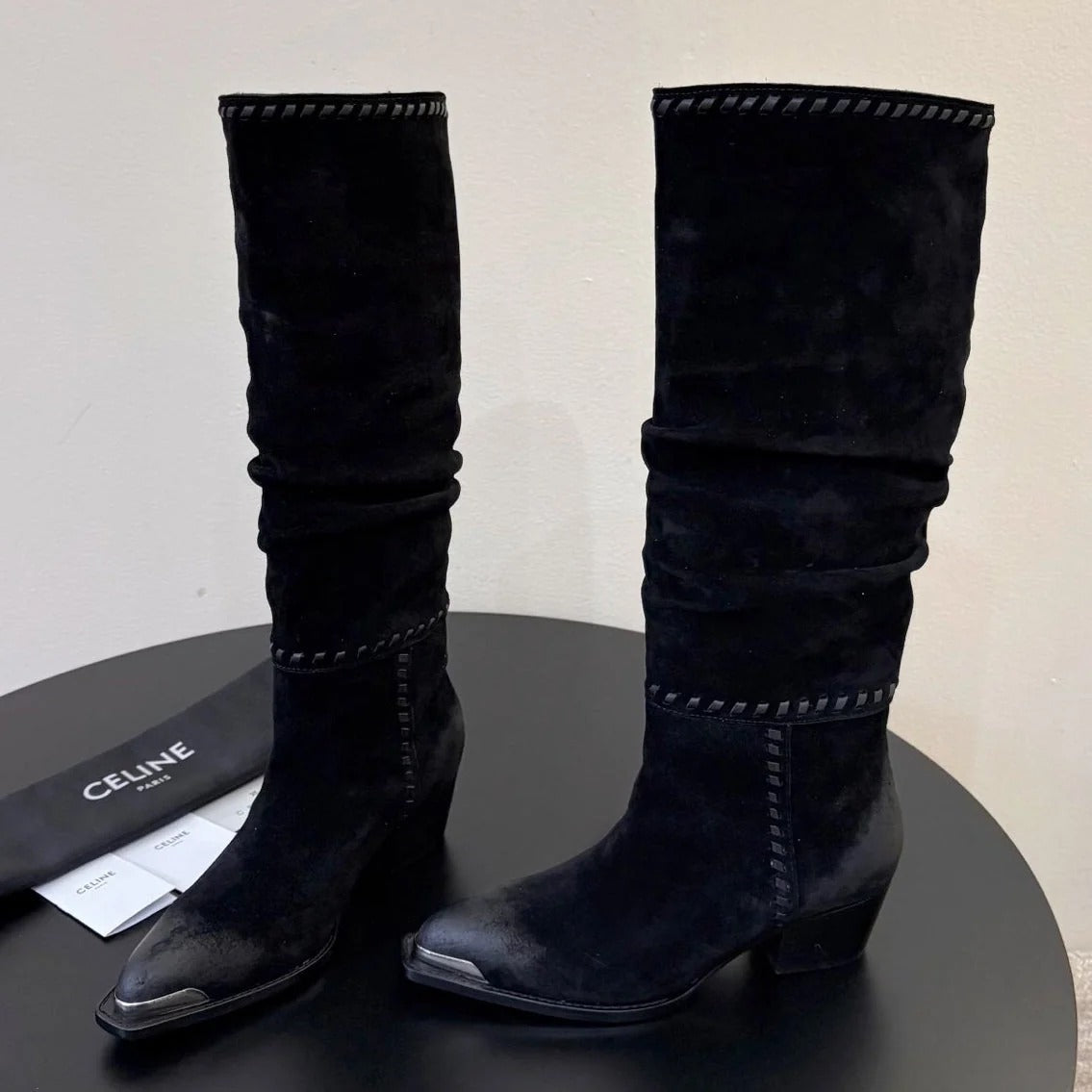 Celine 2026 Western Metallic Toe Ankle Boots 50mm Suede Leather 104866