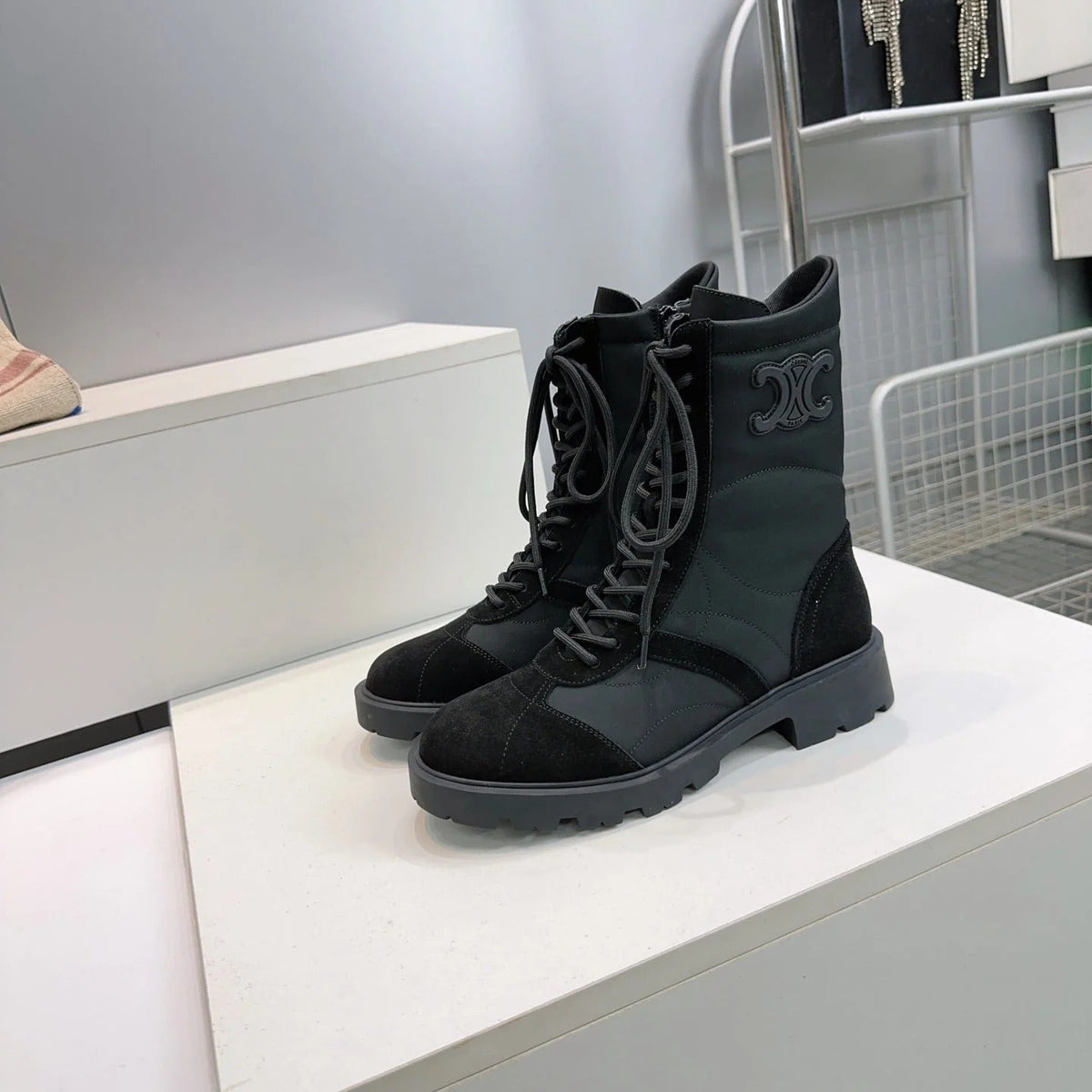 Celine 2026 Margaret Lace-Up Boots Black Suede 107299