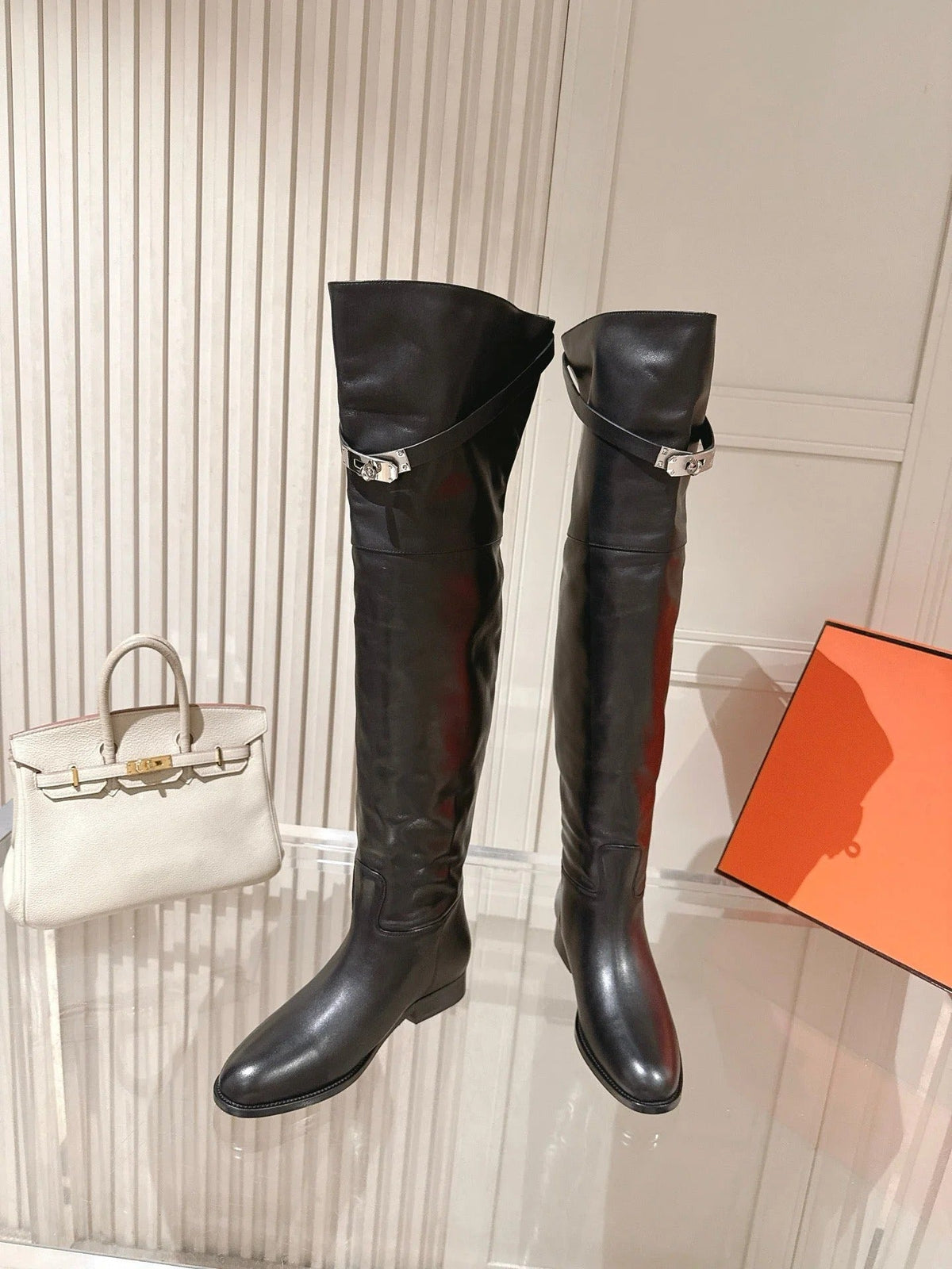 HM 2026 Over The Knee Boot Black Leather With Silver Buckle