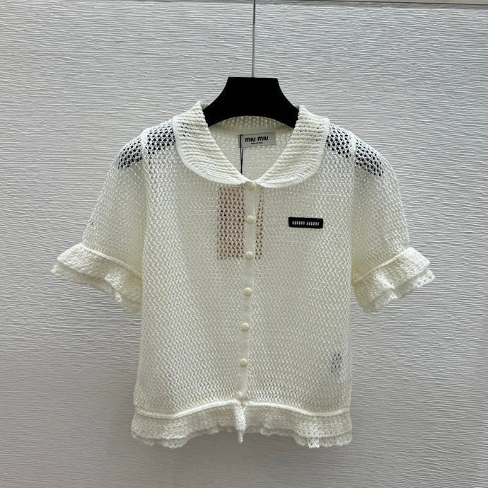 Miumiu 2026 Hollow-Out Collar Knitted Short-Sleeve Cardigan 341442