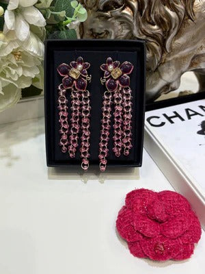 Chanel Double C Pink Purple Flower Beaded Tassel Earrings