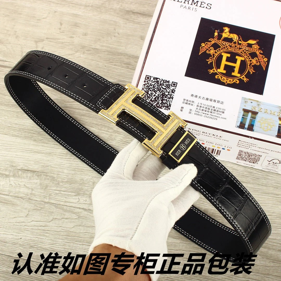 HM Original Belt 38mm Black Crocodile Pattern Gold Buckle 620264