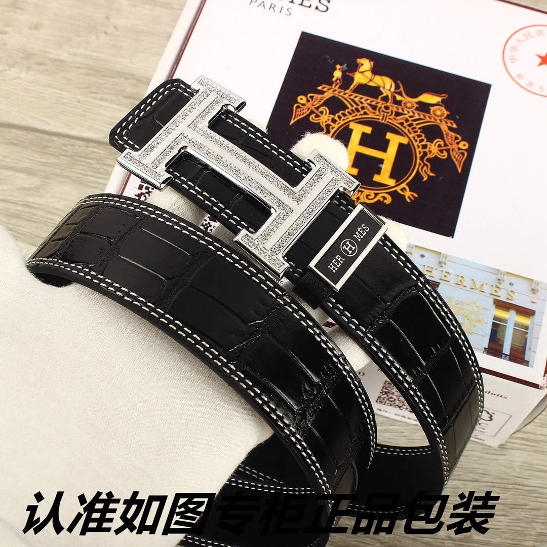 HM Original Belt 38mm Black Crocodile Pattern Sliver Buckle 620265