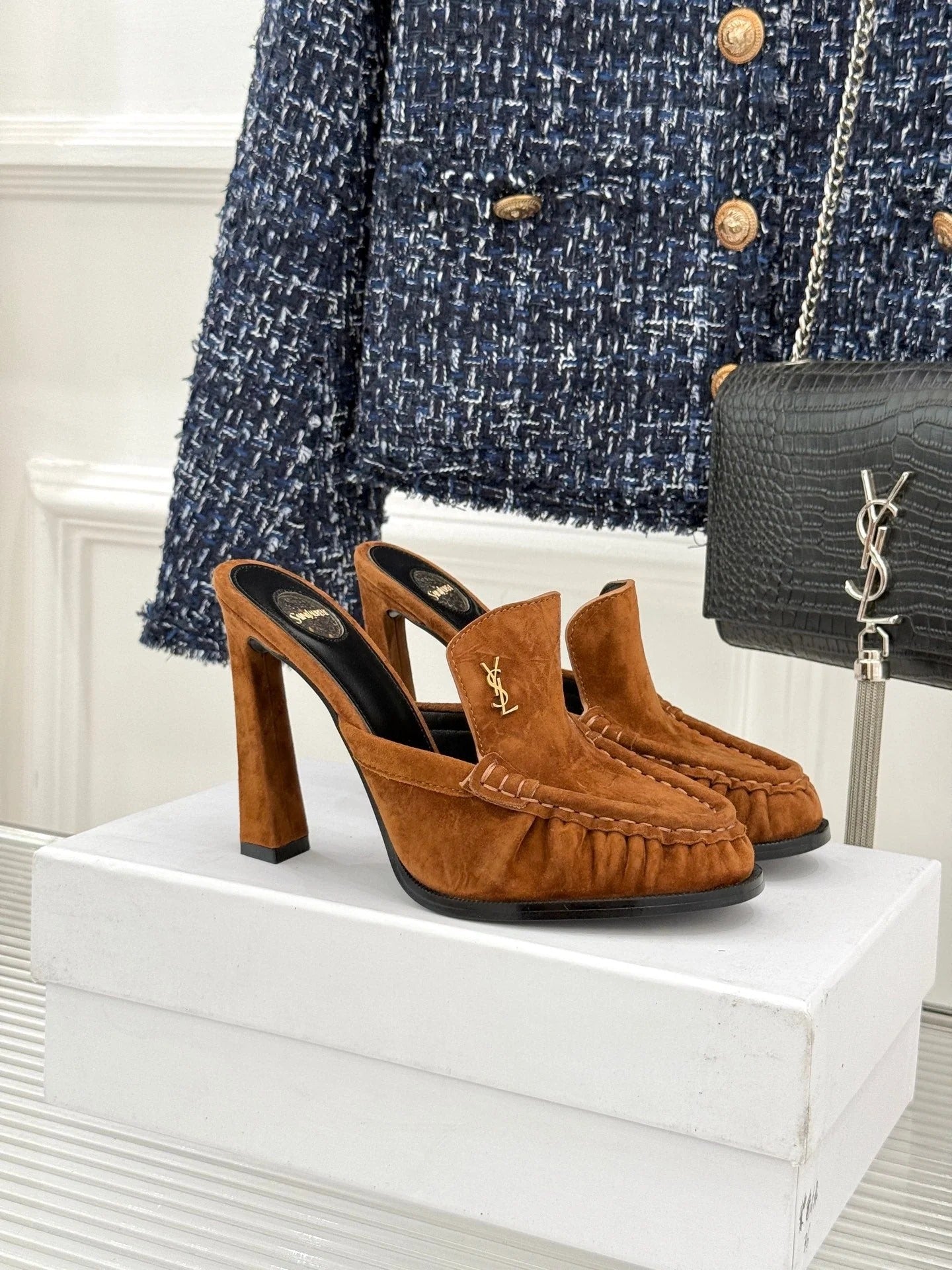 YSL 2026 Le Loafer Cassandre Mule 105mm Suede Leather 642949