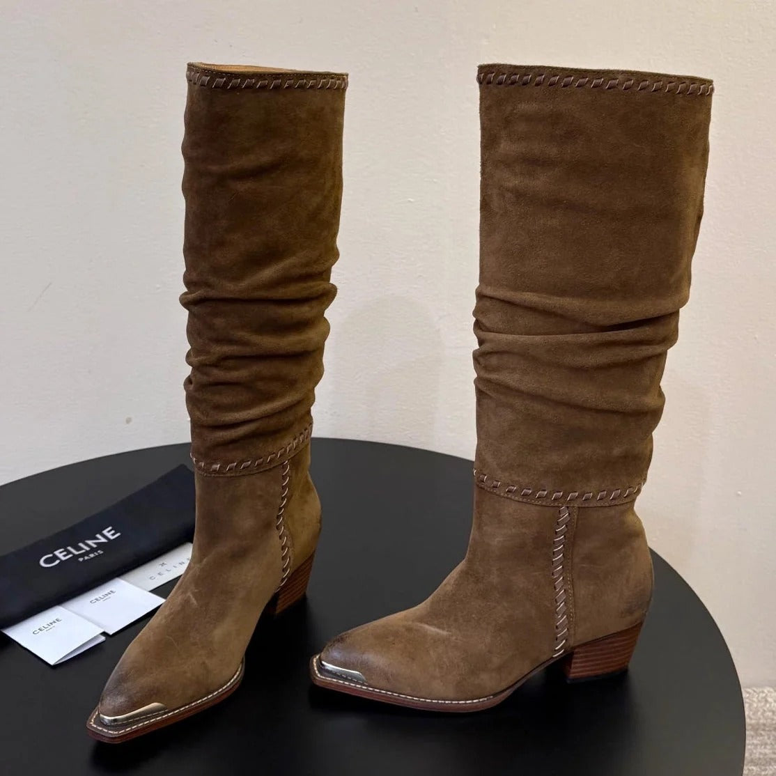 Celine 2026 Western Metallic Toe Ankle Boots 50mm Suede Leather 104866