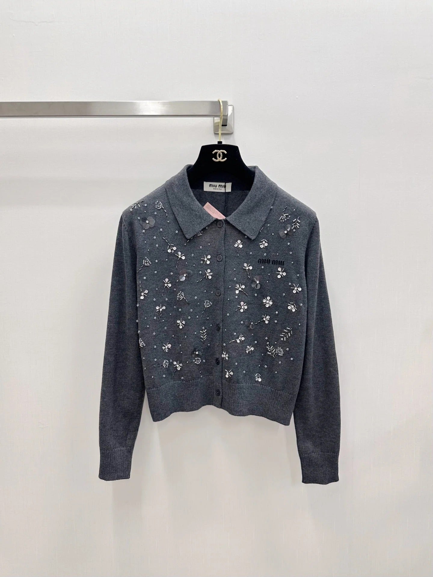 Miumiu 2026 Heavy Sequined Cardigan with Logo Pattern Embellishment Wool 838810
