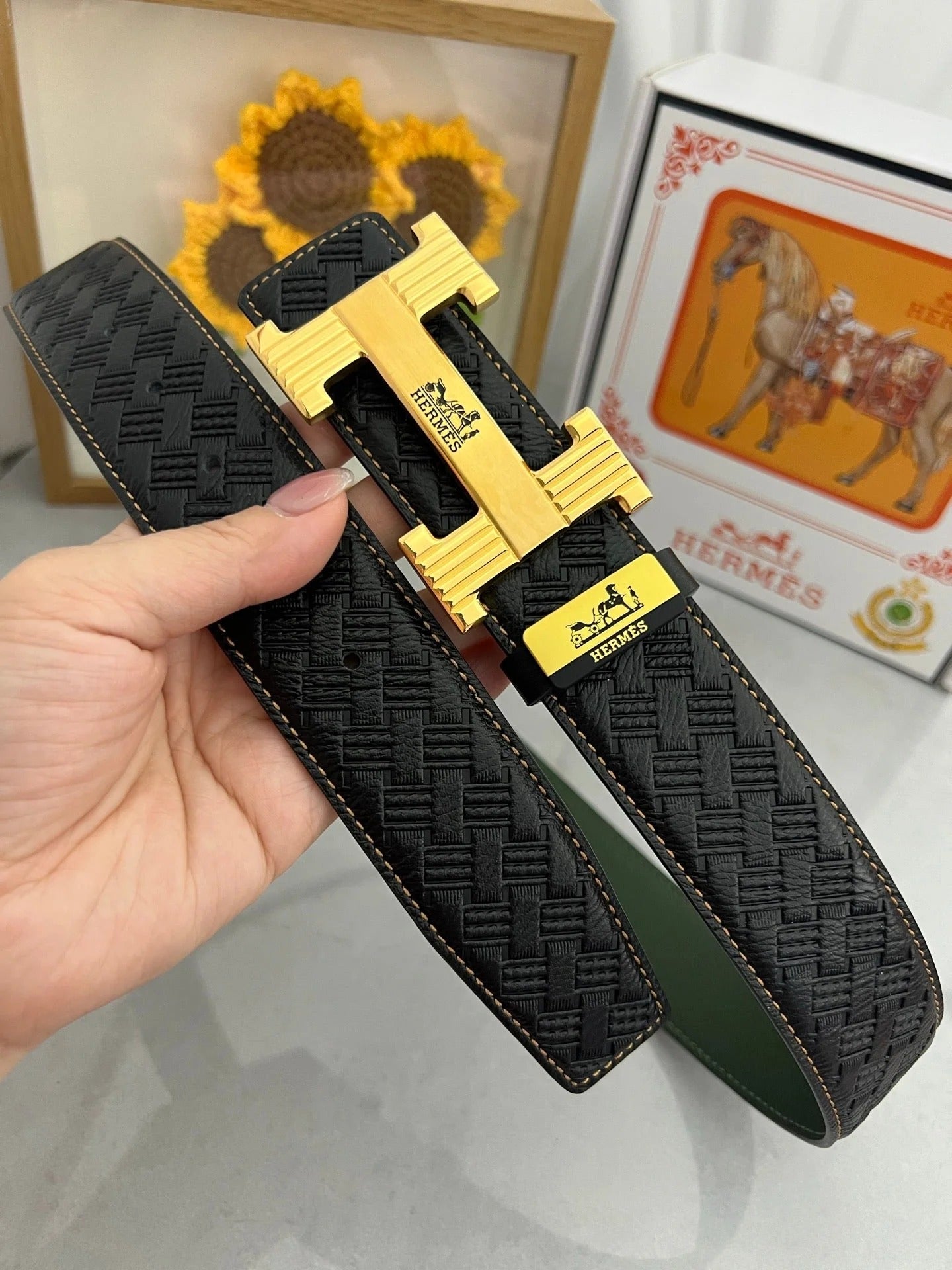 HM Belt 38mm Black Cowhide Leather Gold Buckle 618971