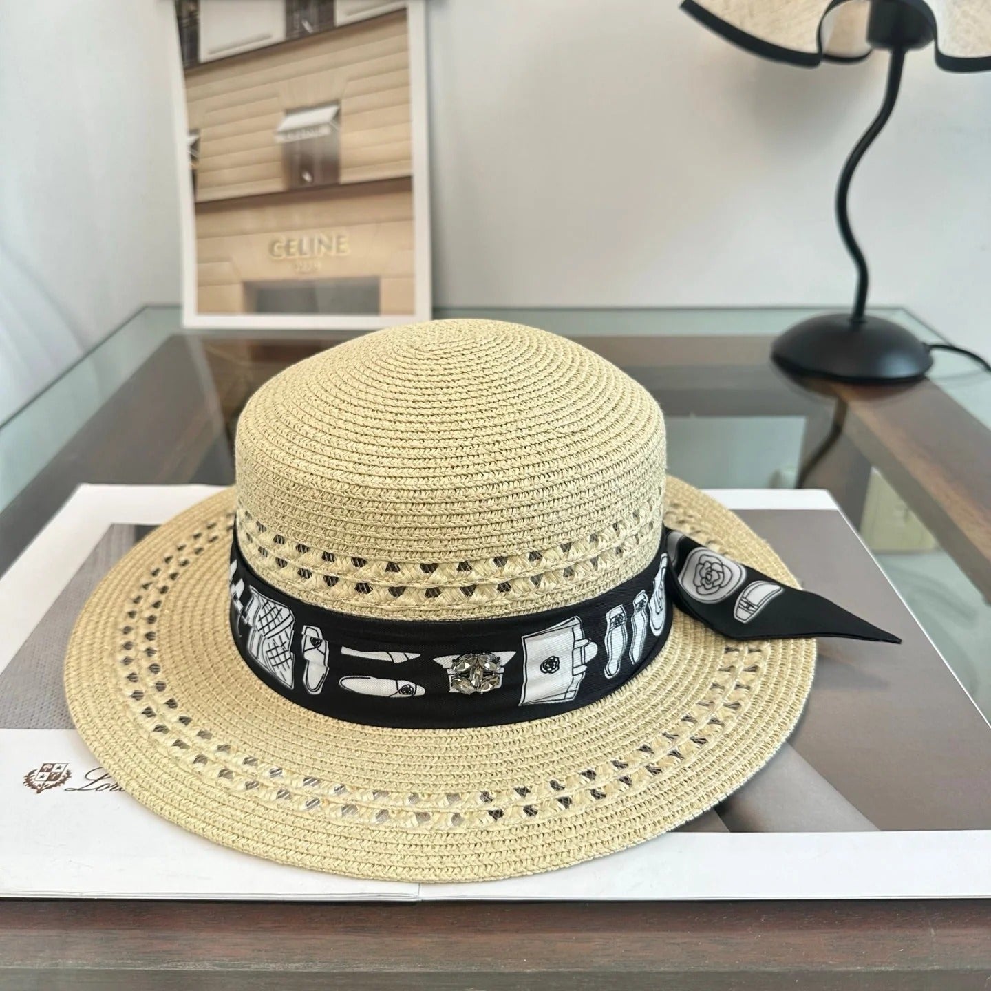 Chanel Flat-Top Straw Hat With Silk Ribbon 229106