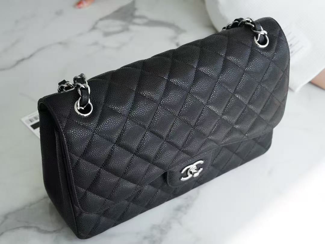 Chanel 2026 Flap Bag 30cm Black Caviar Leather With Silver Hardware