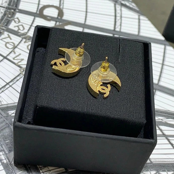 Chanel Black Enamel Full Diamond Double C Moon Earrings