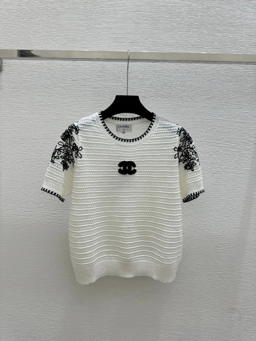 Chanel 2026 Short-sleeved Shirt White and Navy Blue Tencel Wool 294572