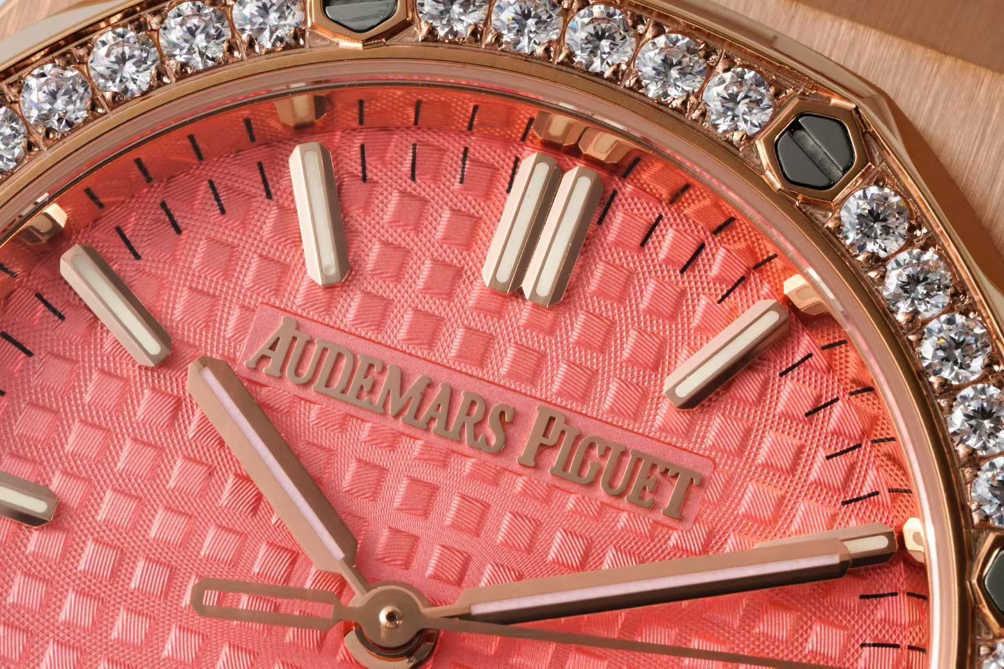 Audemars Piguet Royal Oak 34mm Pink Dial Pink Gold Case Diamond Bezel