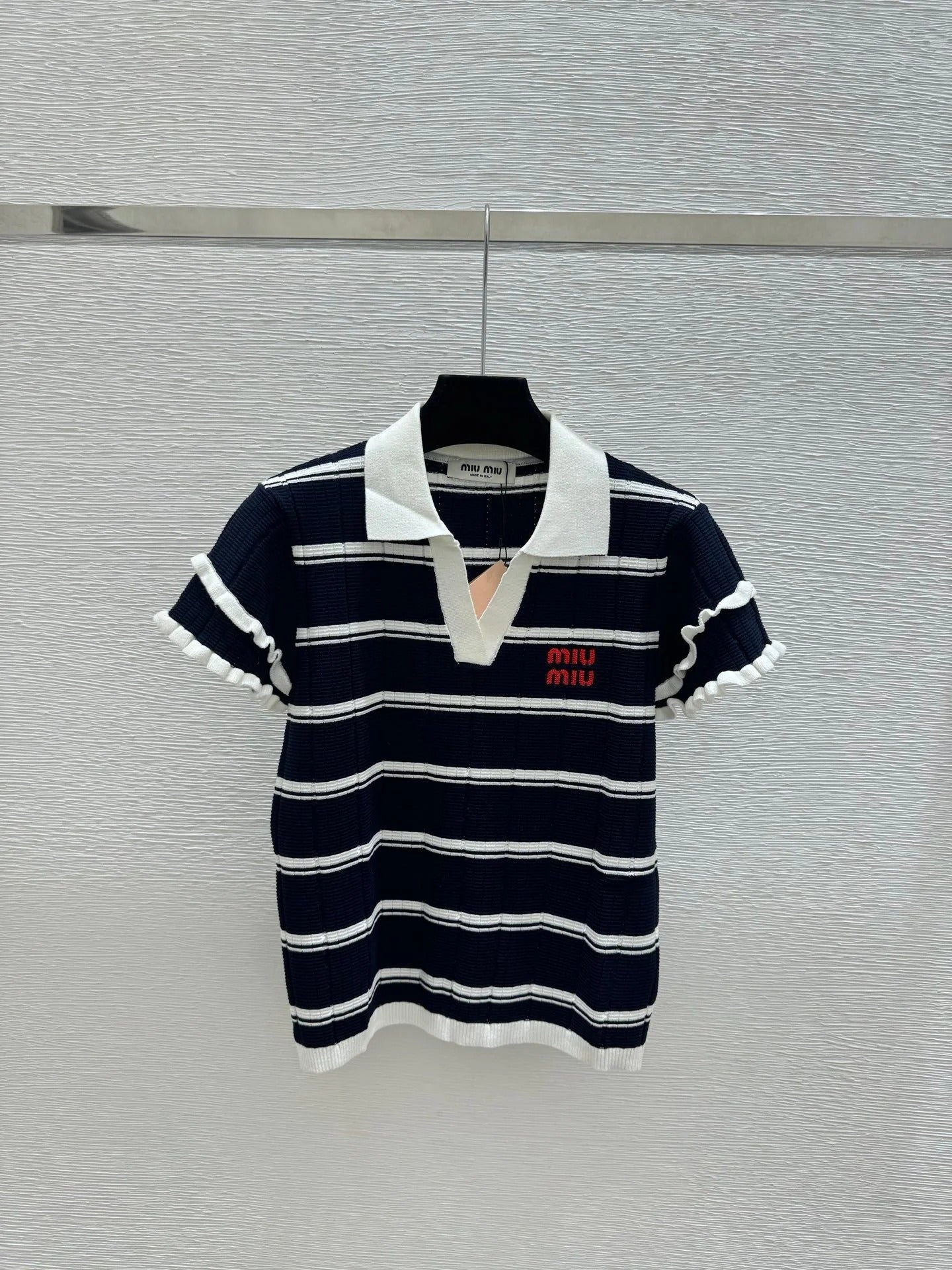 Miumiu 2026 Striped Knit Short-sleeved Top With Peter Pan Collar 258872