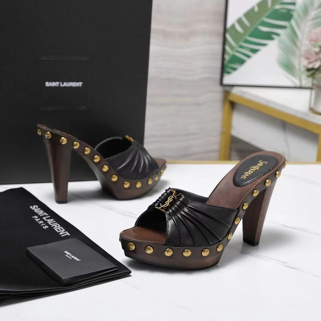 YSL 2026 Babylone Platform Sandal Brown Black Smooth Leather