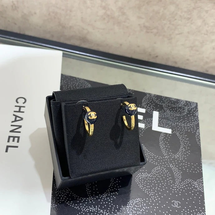 Chanel 2026 Navy Blue Enamel Ball Double C Hoop Earrings