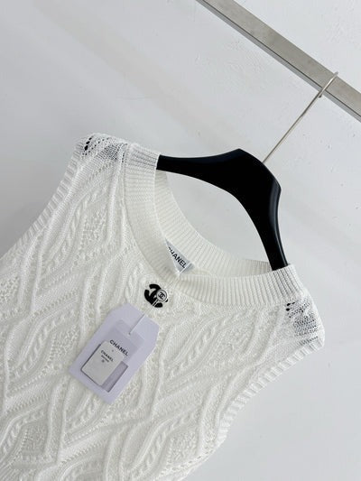Chanel 2026 Hollow-Out Knitted Vest Blue and White Wool 336792