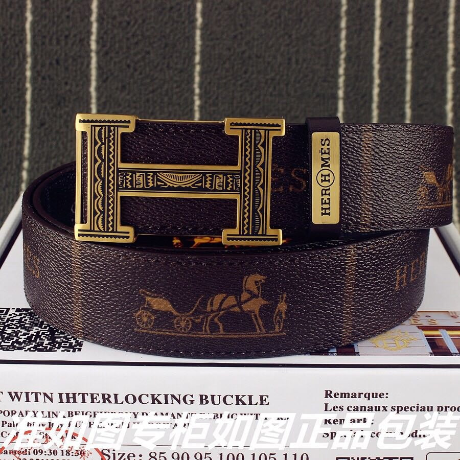 HM Double-sided Belt 38mm Black Cowhide Gold Buckle 620361