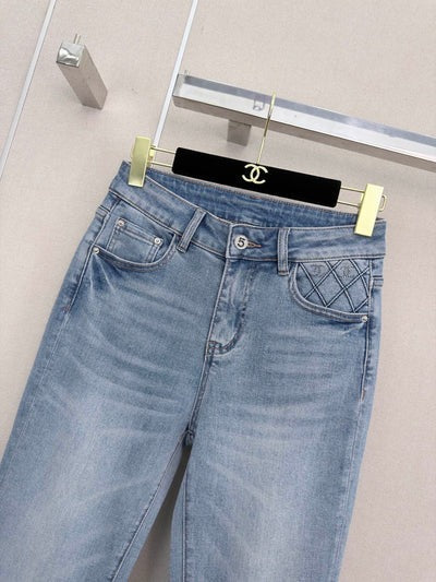 Chanel 2026 Straight-leg Jeans With Rhinestone Quilted Pockets Blue Cotton 377049