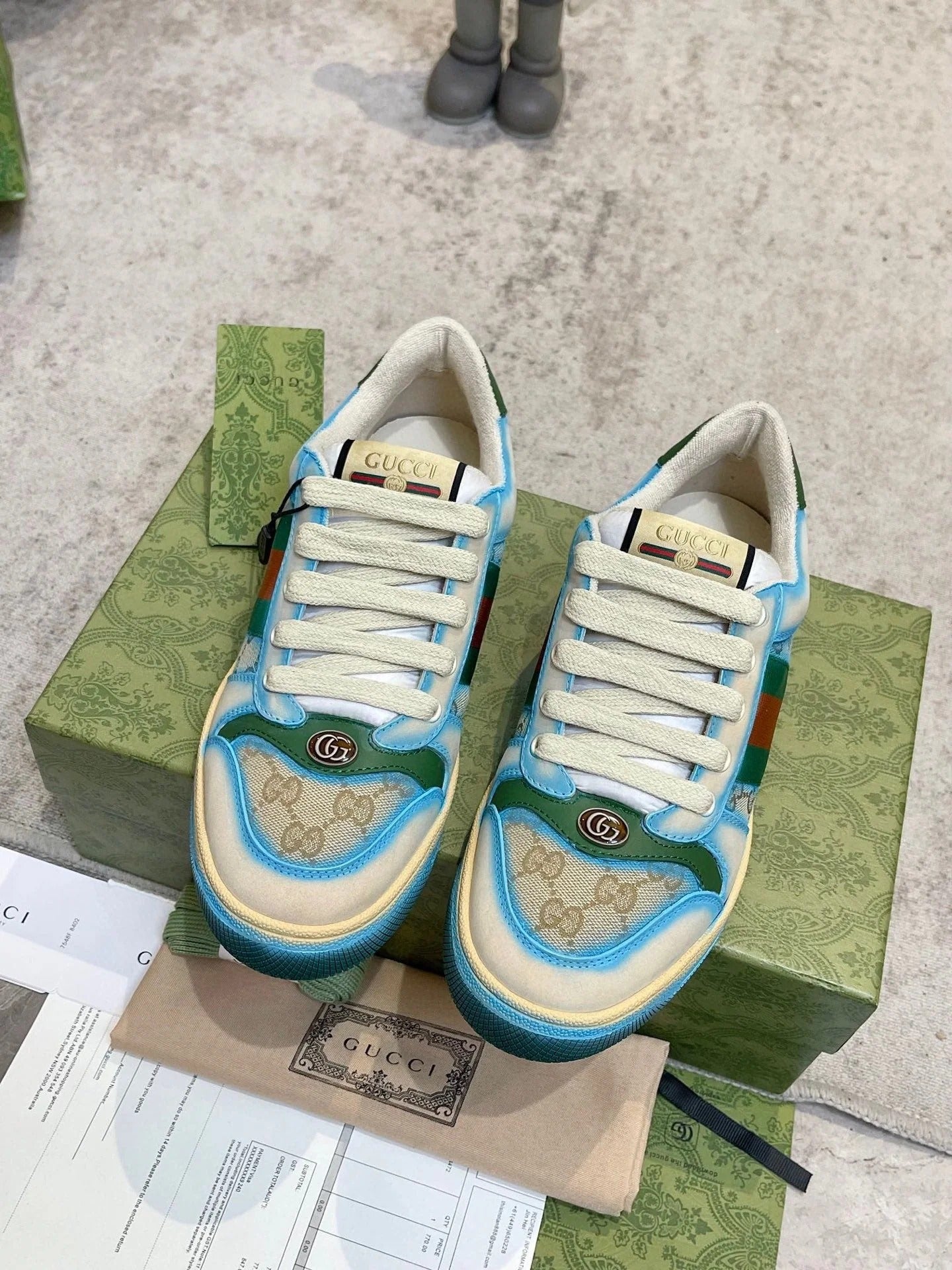 GG 26ss Screener Sneaker Beige Blue Green Cowhide 697181
