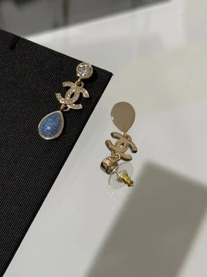 Chanel 2026 Light Gold Round Diamond Double C Teardrop Pendant Denim Earrings
