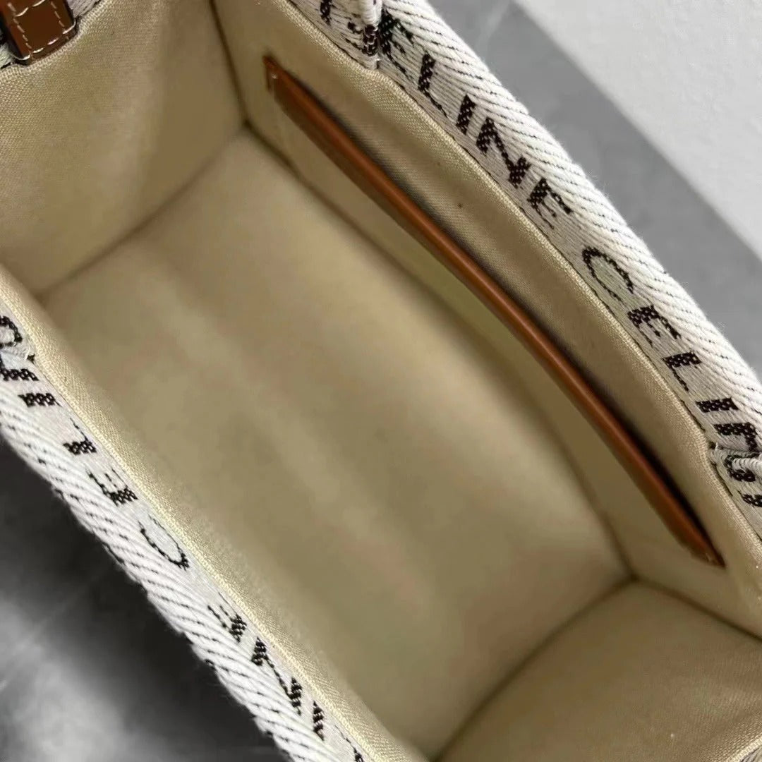 Celine 2026 Triomphe Printed Bag 26cm White Brown Black Canvas Calfskin 283599