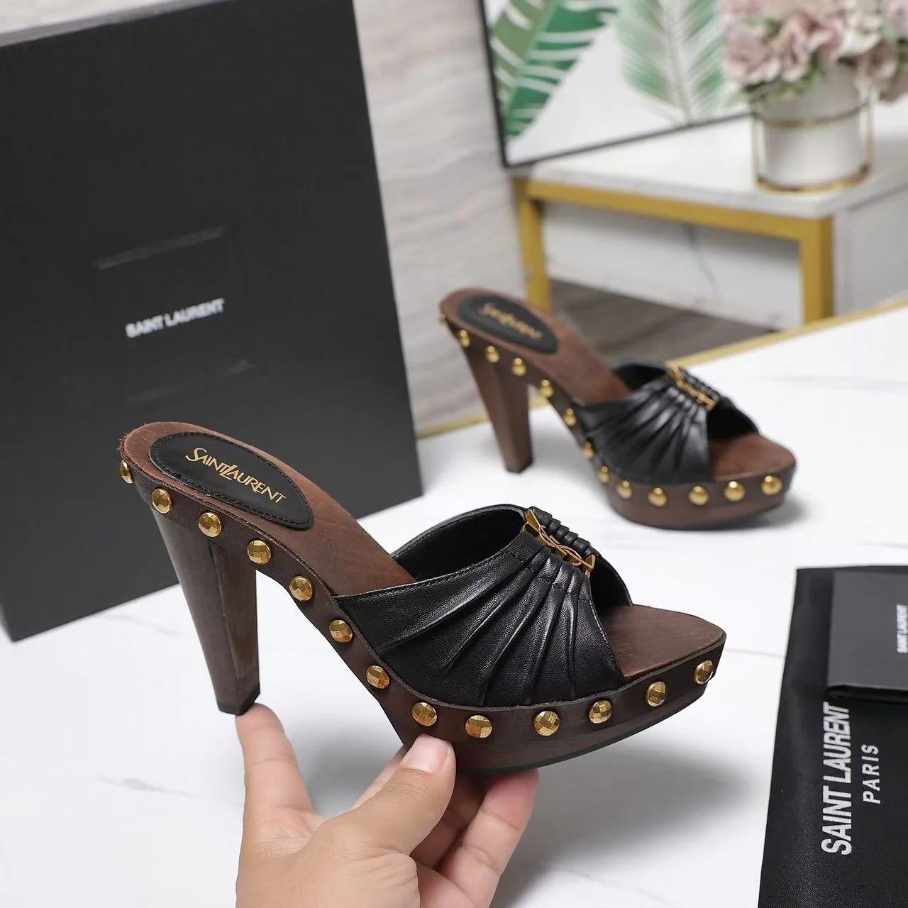 YSL 2026 Babylone Platform Sandal Brown Black Smooth Leather