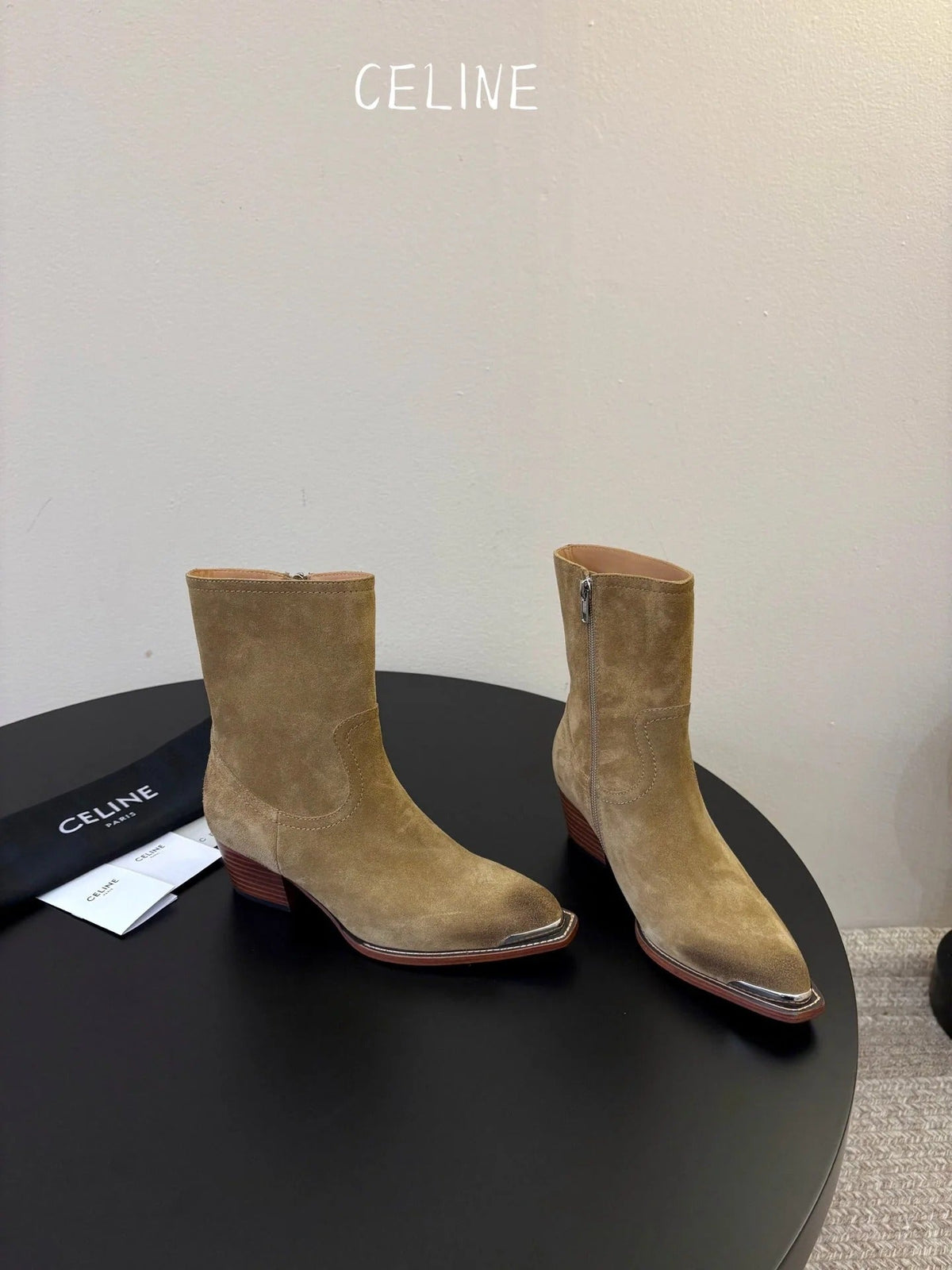 Celine 2026 Western Metallic Toe Ankle Boots 50mm Suede Leather 104866