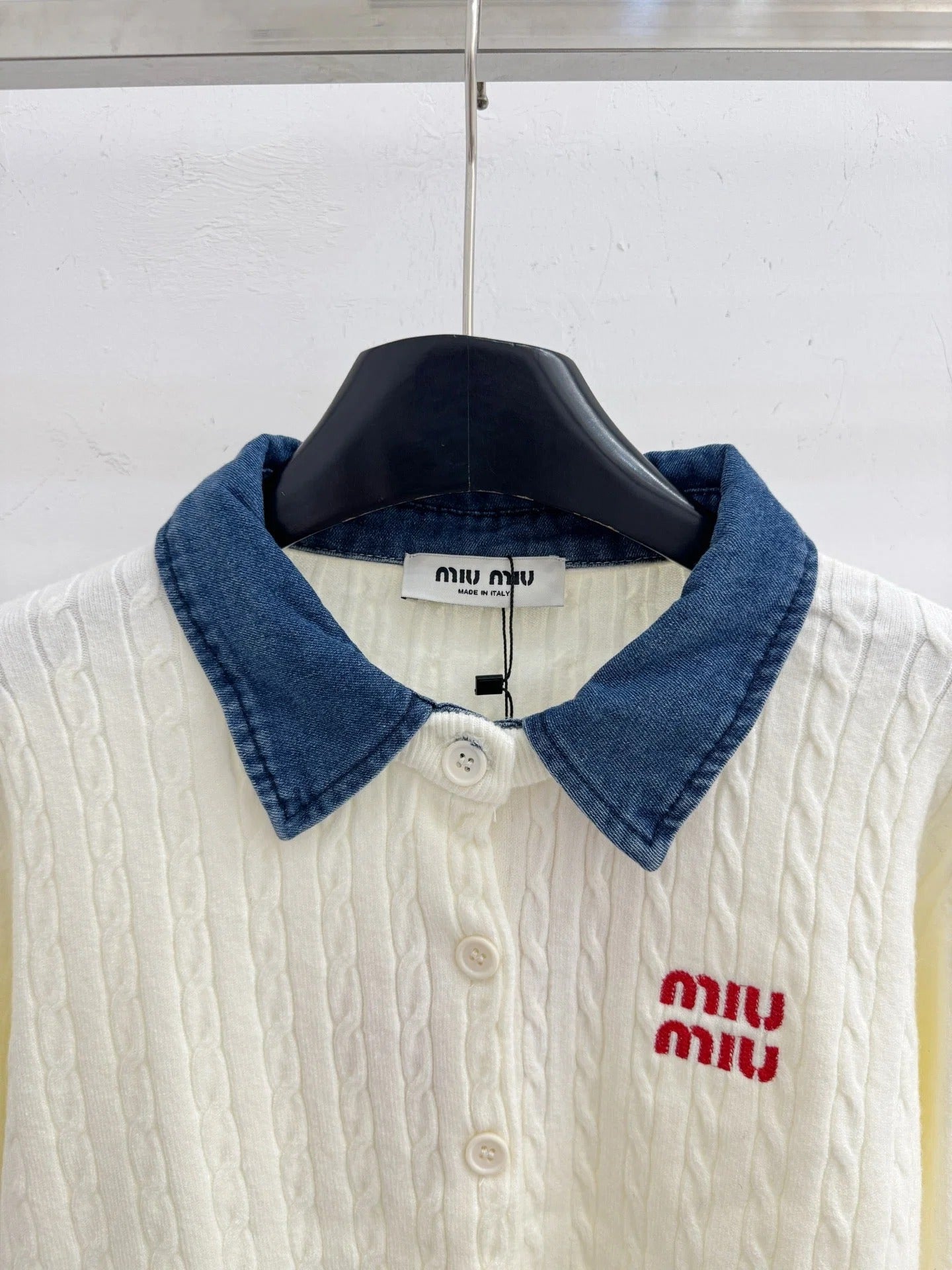 Miumiu 2026 Denim Collar Patchwork Cable Knit Cardigan Wool 794380