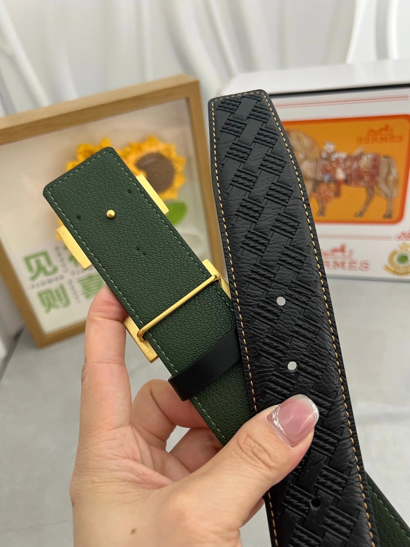 HM Belt 38mm Black Cowhide Leather Gold Buckle 618971