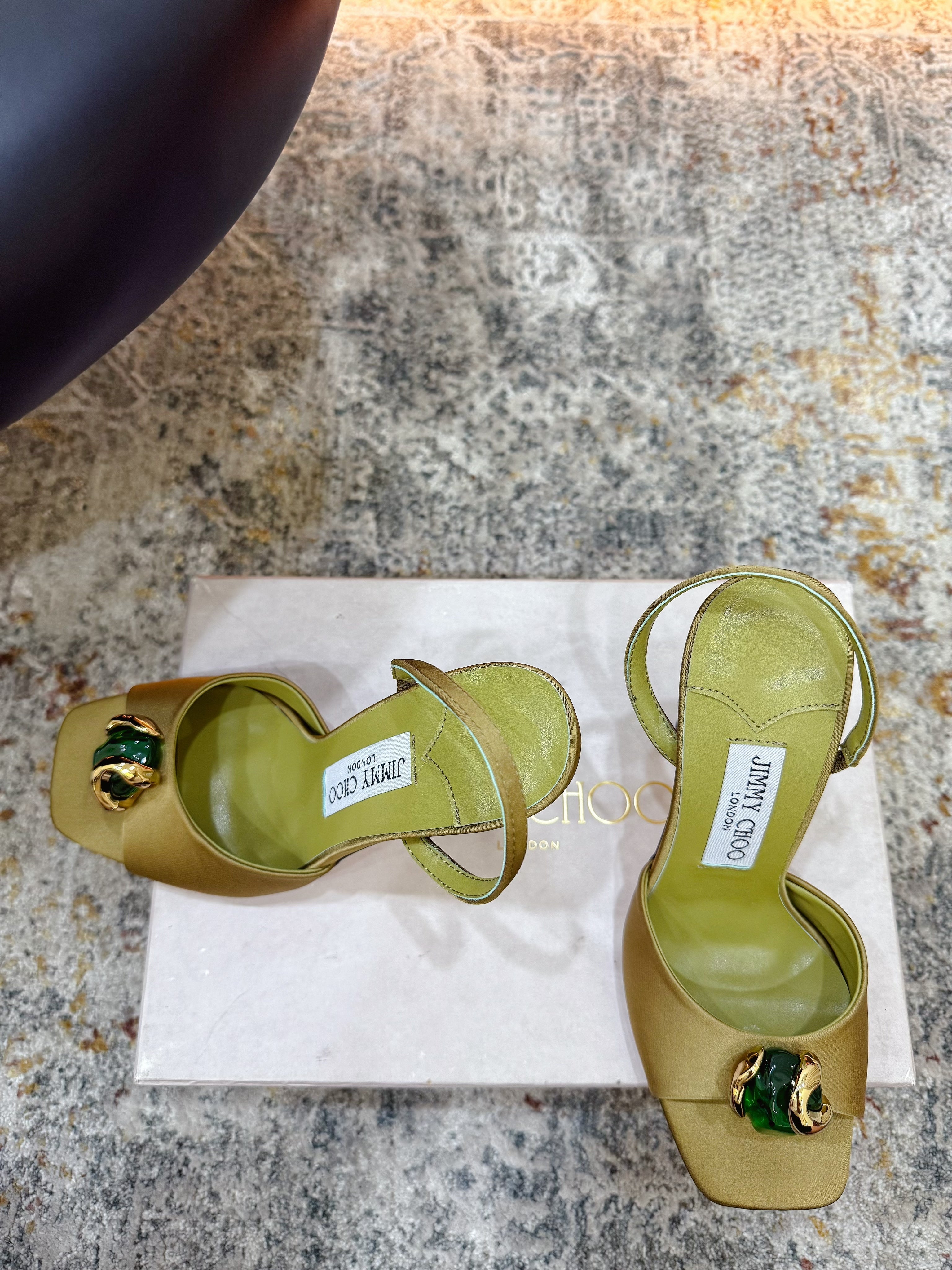 JC 26s Emani 100 Sandals 10cm Olive Green Satin 996787