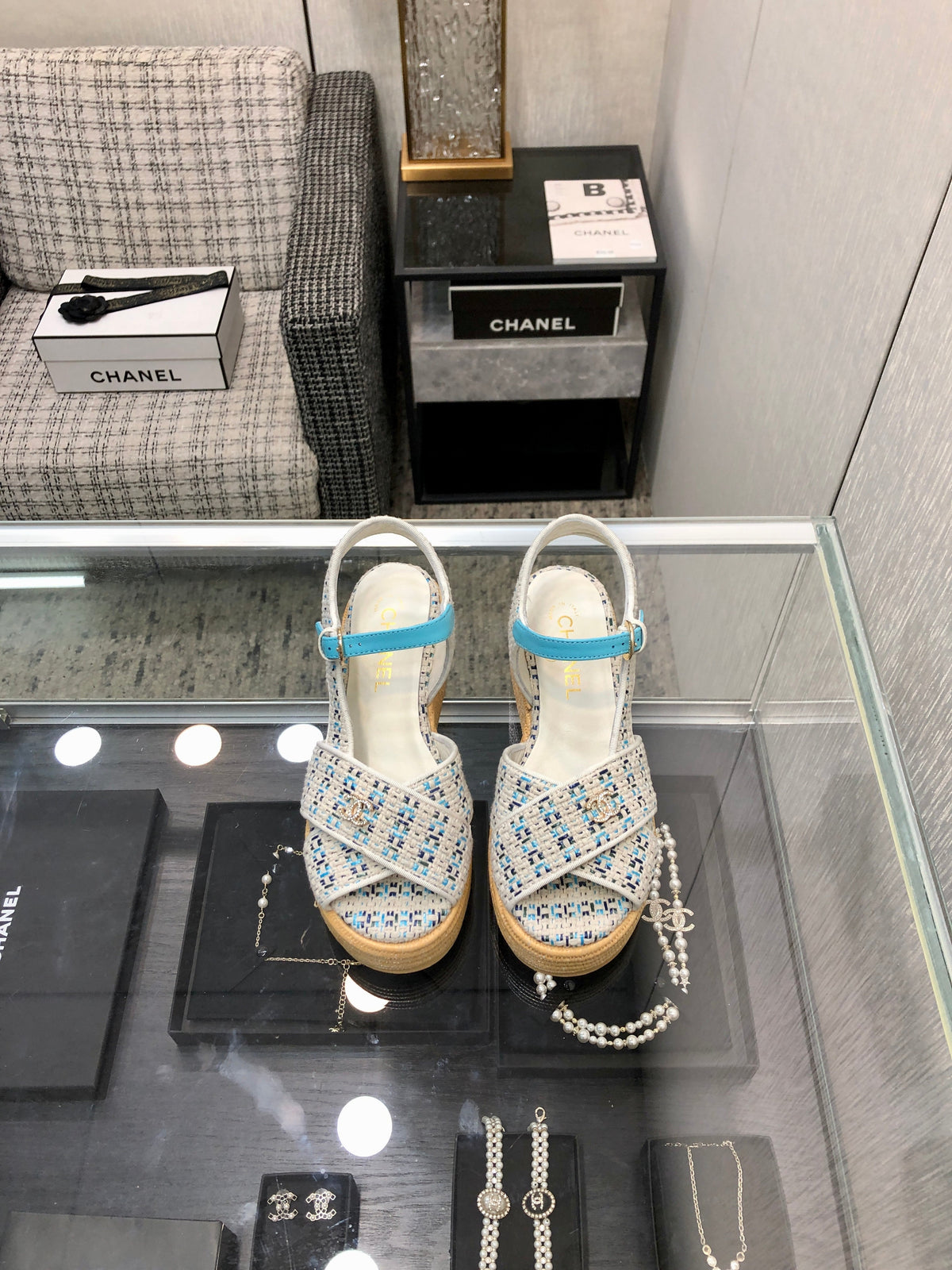 Chanel 26s Tweed Platform Wedge Sandals Light Blue White 153753