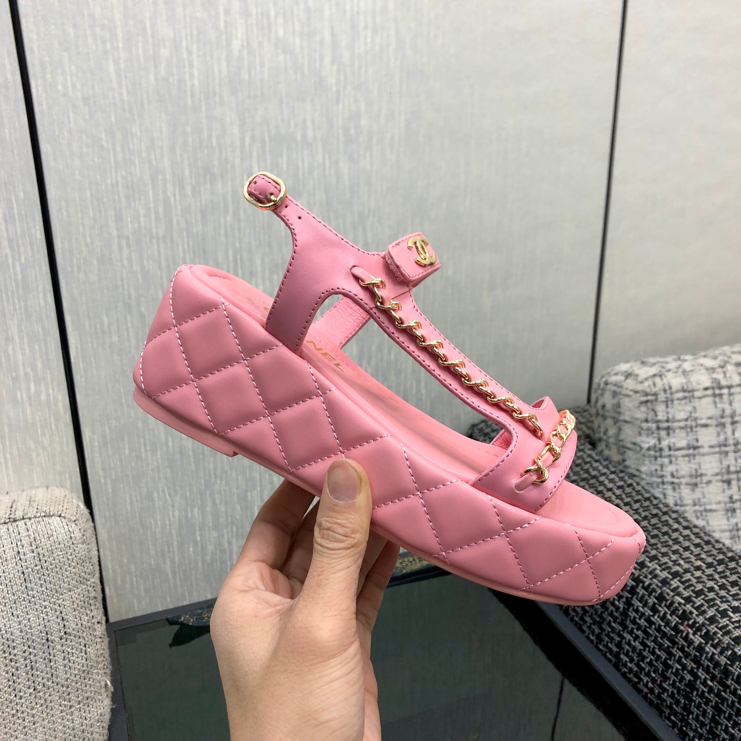 CC Platform Sandals Quilted Chain Pink Lambskin 602504