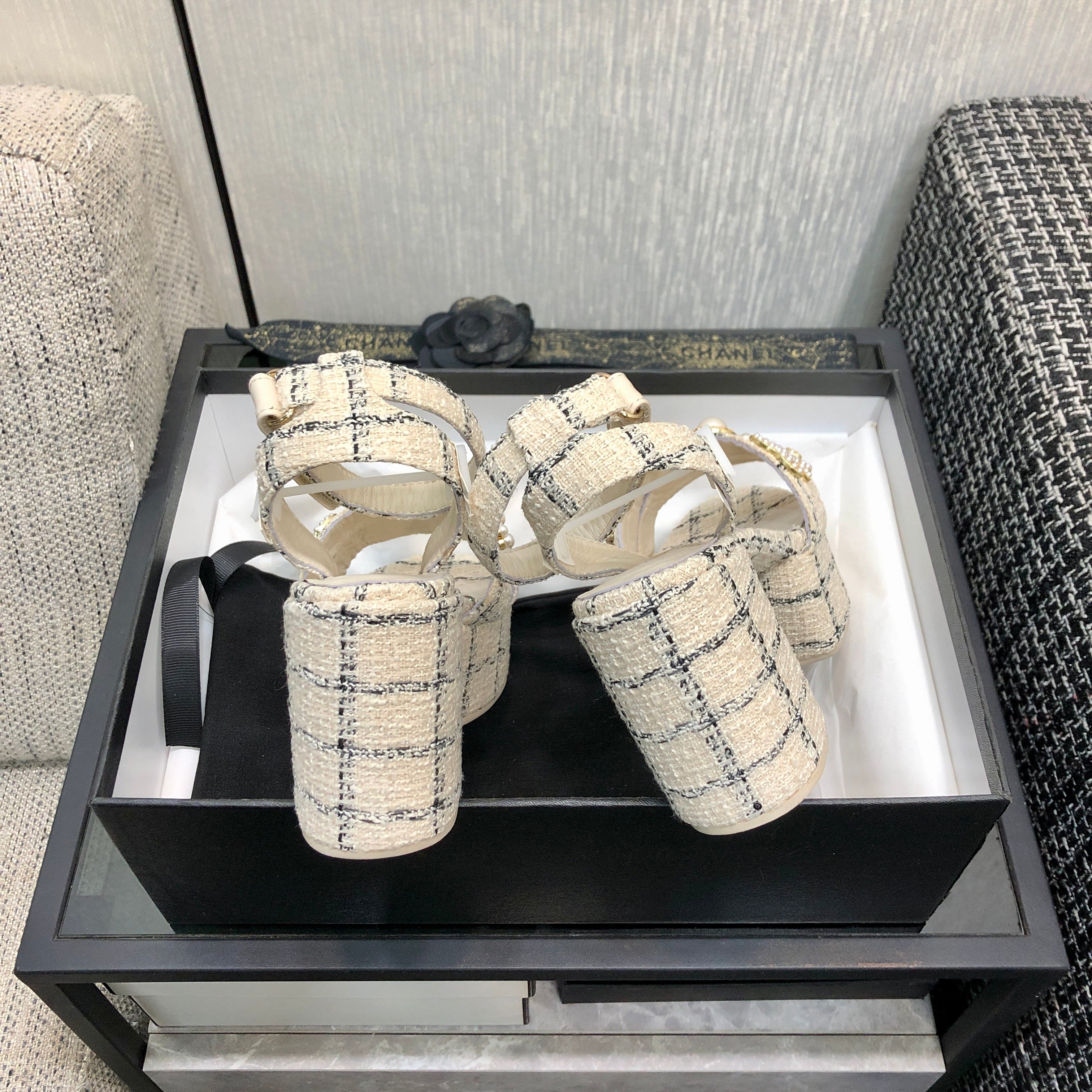CC SS25 Sandals Tweed & Metal Beige & Black 602478