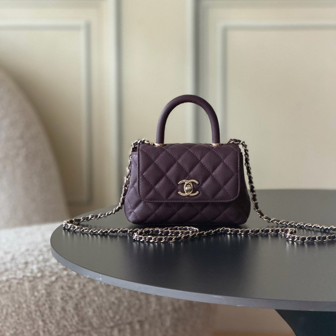 CC 26s Mini Flap Bag 14.5cm with Top Handle Deep Burgundy Caviar Leather