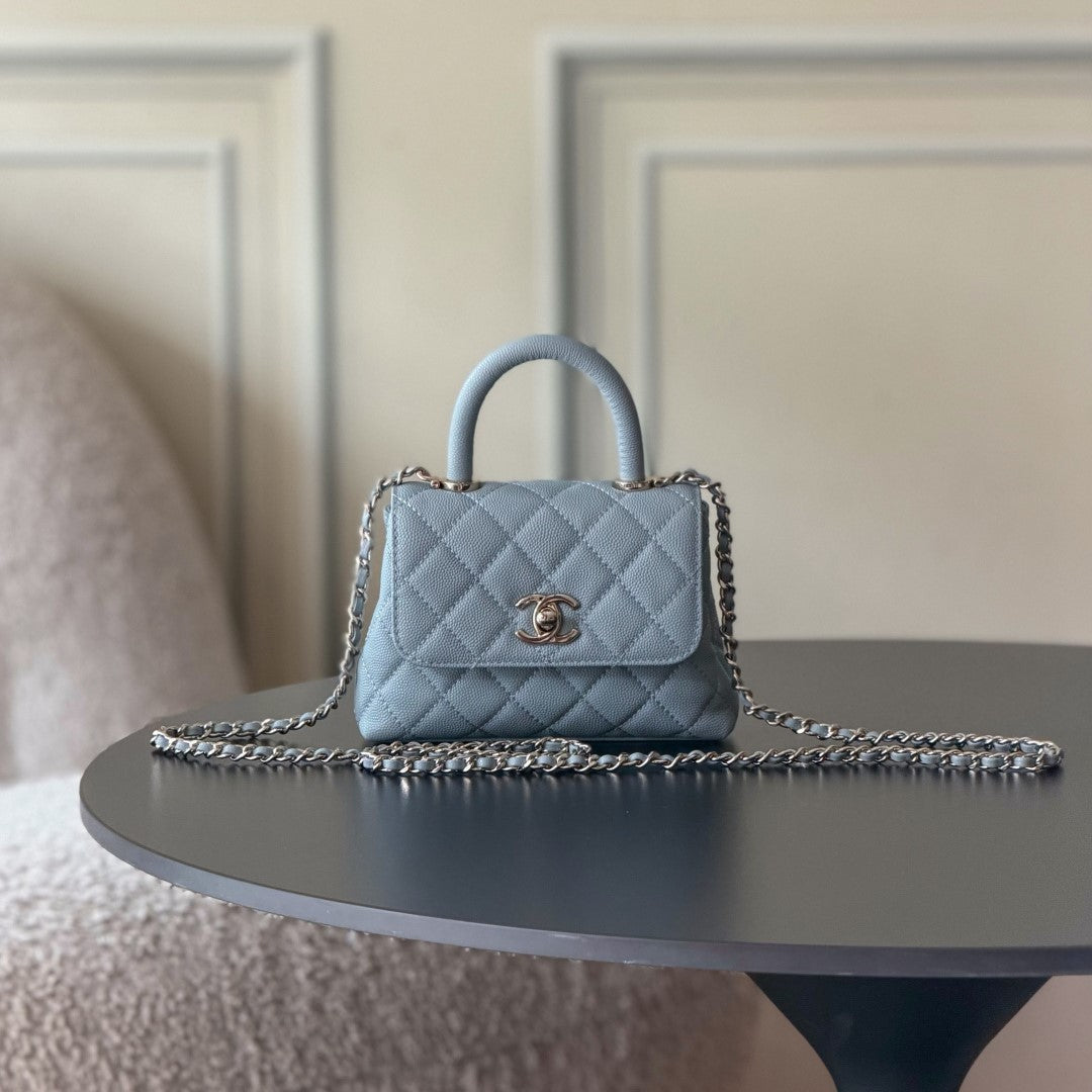 CC 26s Mini Flap Bag 14.5cm with Top Handle Light Pastel Blue Caviar Leather