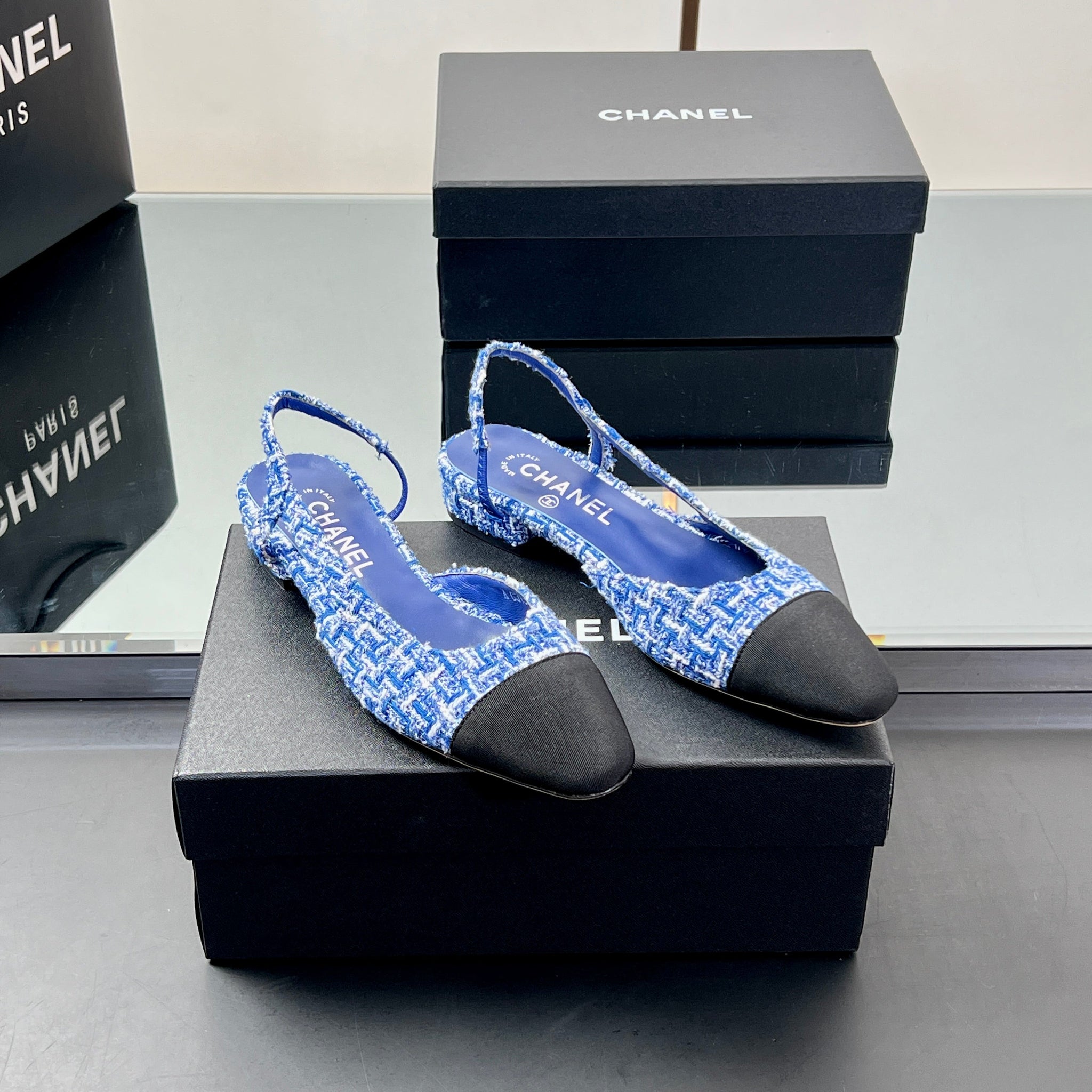 CC Slingback 2.5cm Cobalt Blue Black Tweed Fabric