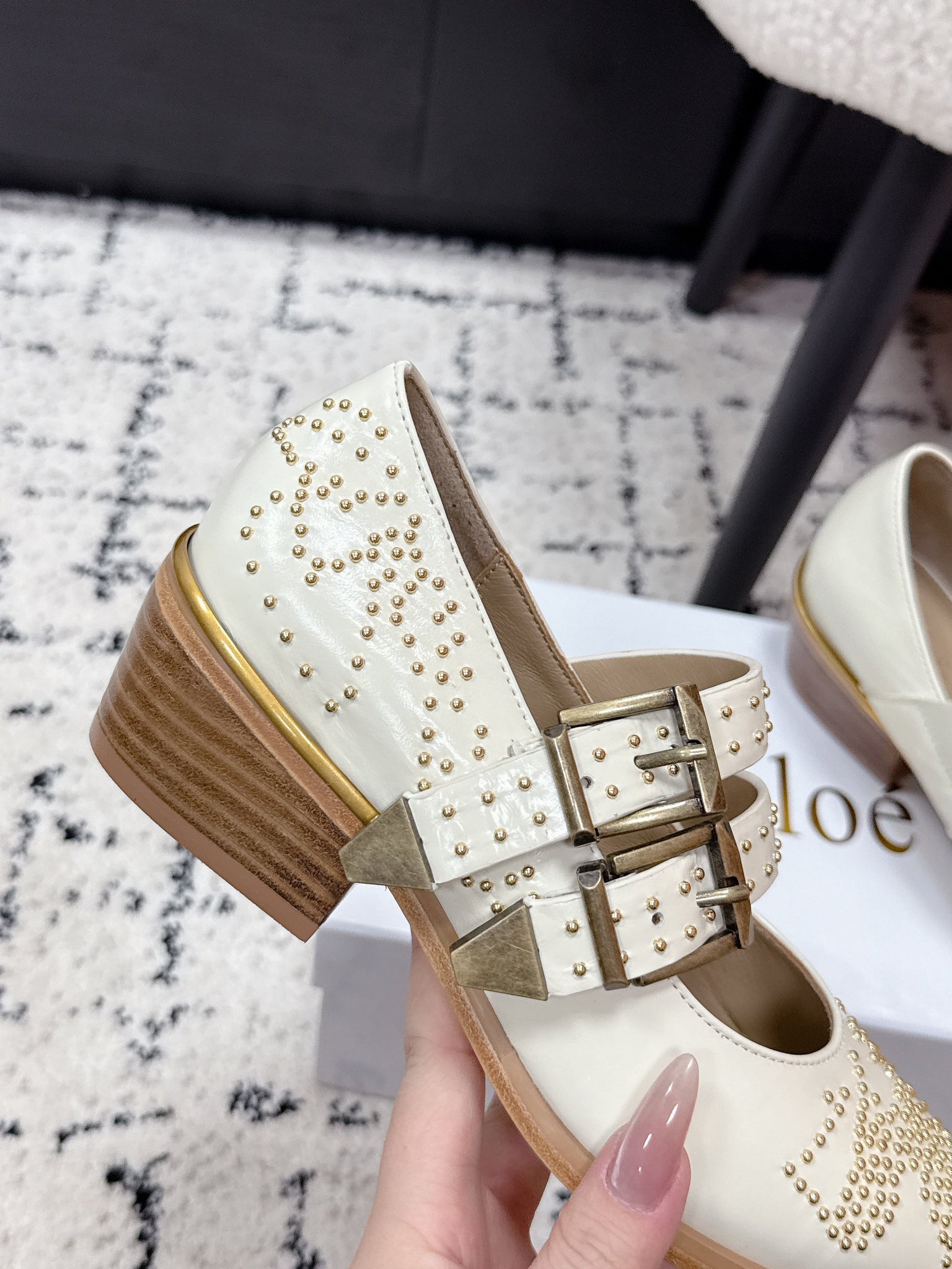 Chloé 26S Metal Stud Shoes in Black Calfskin