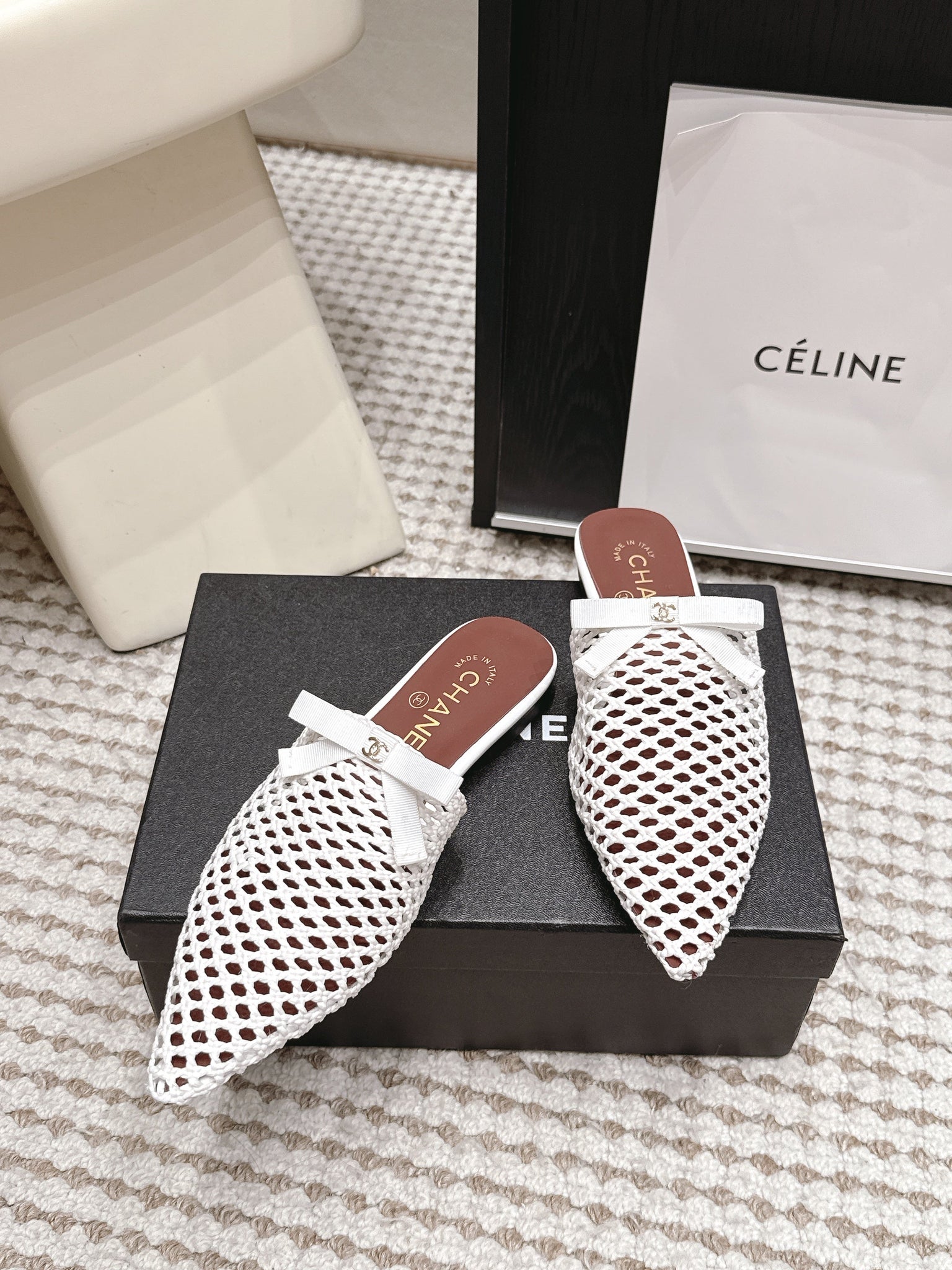 Chanel 26S Pointed-Toe Mules In White Mesh