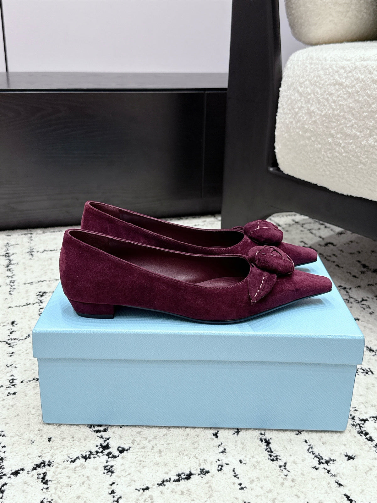 Prada Floral Detail Flats Burgundy Suede 120977