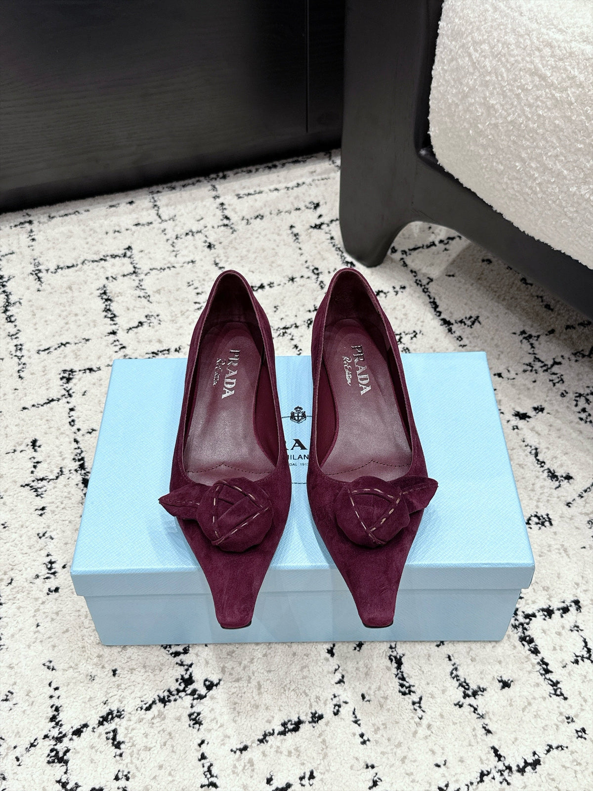 Prada Floral Detail Flats Burgundy Suede 120977