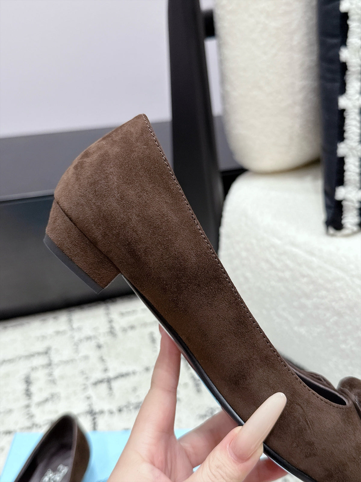 Prada Floral Detail Flats Dark Brown Suede 120979