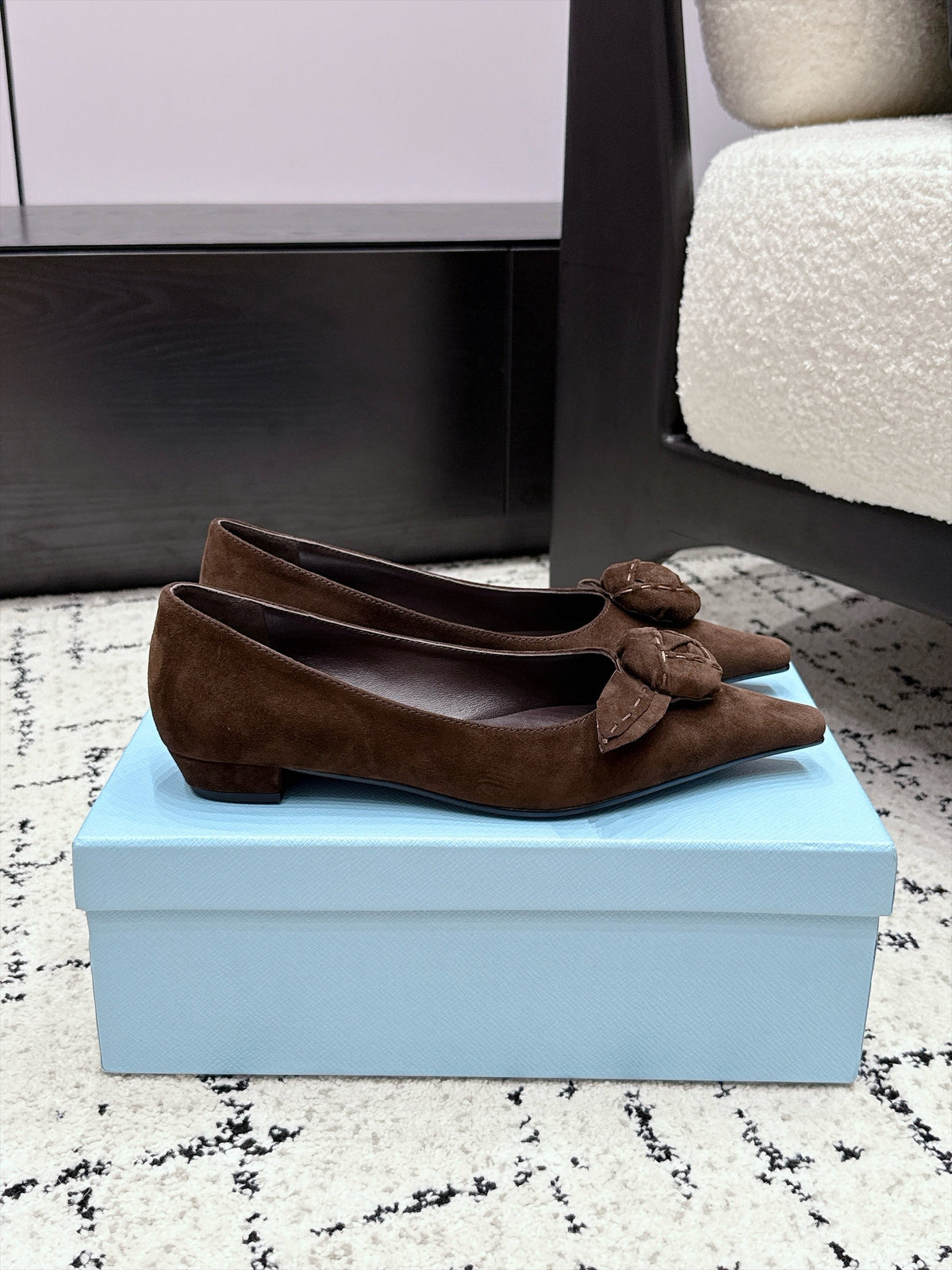 Prada Floral Detail Flats Dark Brown Suede 120979
