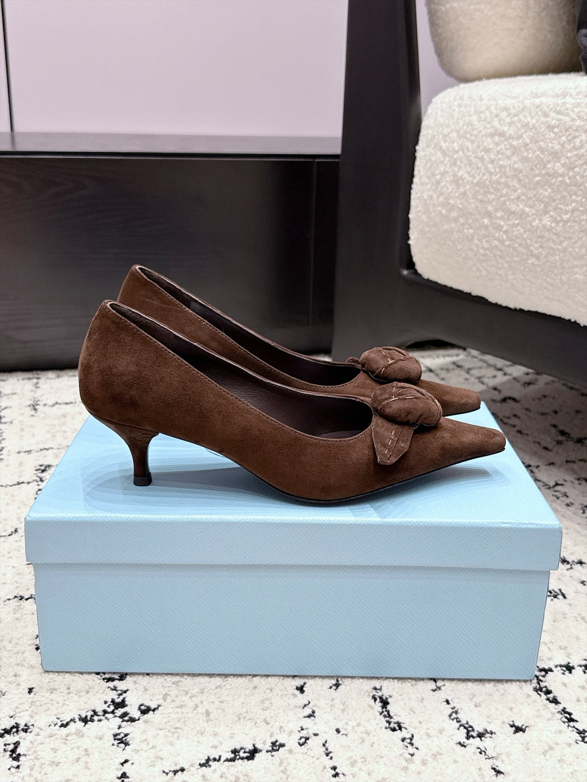 Prada Floral Detail Pumps 5.5cm Dark Brown Suede 120982