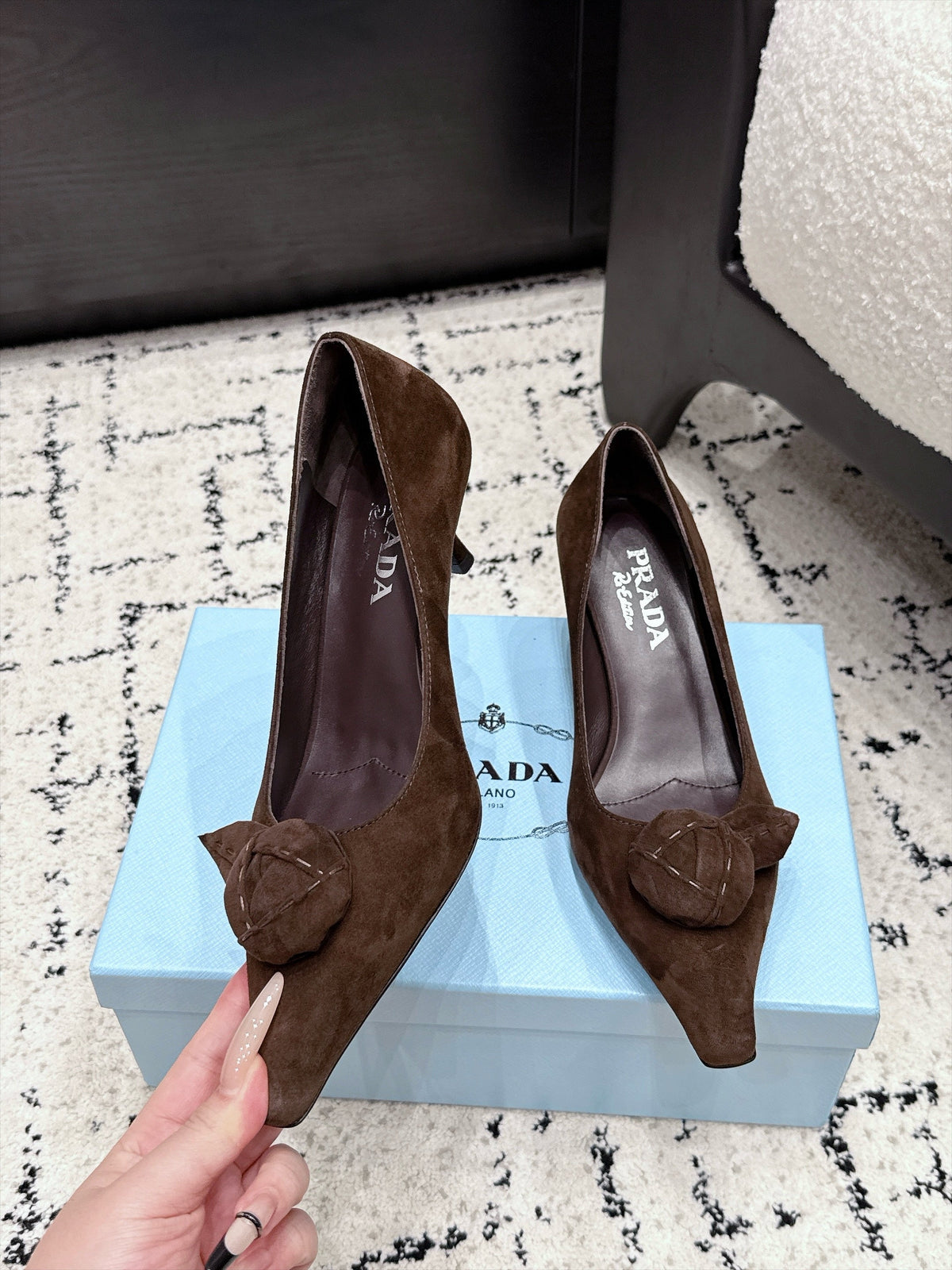 Prada Floral Detail Pumps 5.5cm Dark Brown Suede 120982