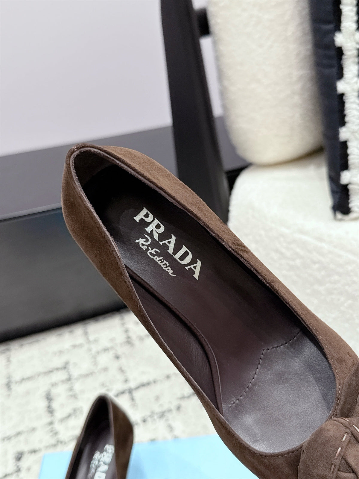 Prada Floral Detail Pumps 5.5cm Dark Brown Suede 120982