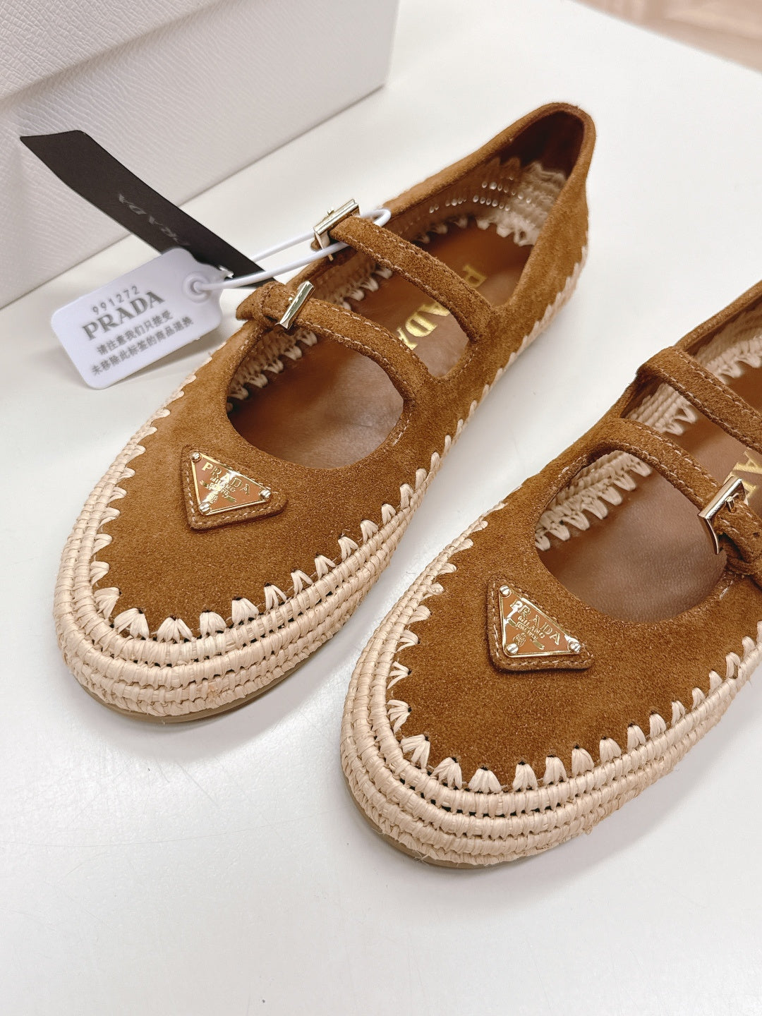 Prada 26s Mary Jane Espadrilles Shoes In Caramel Brown Suede With Logo