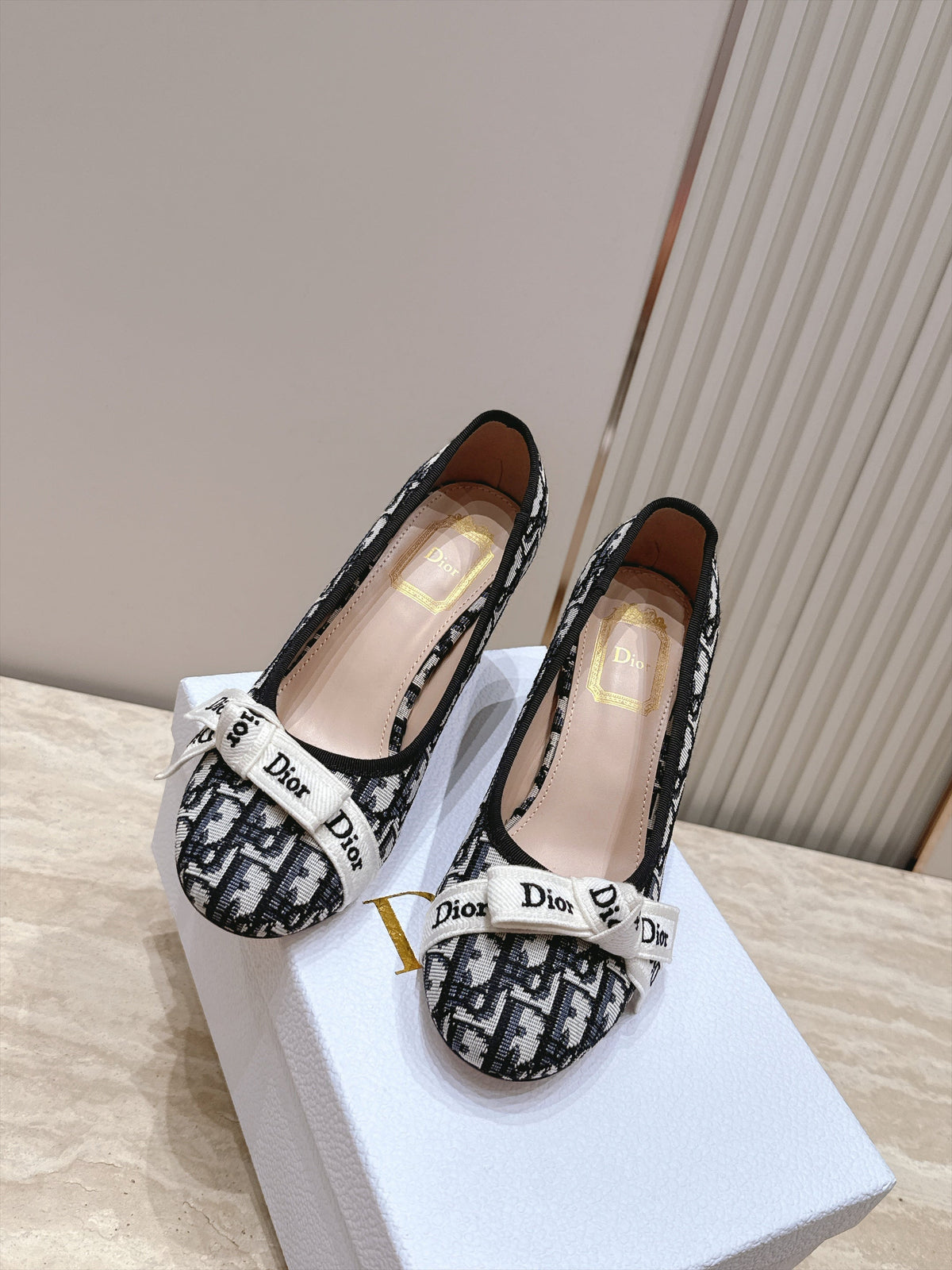CD 26s Block Heel Pumps 7cm White Black Oblique Canvas 121648
