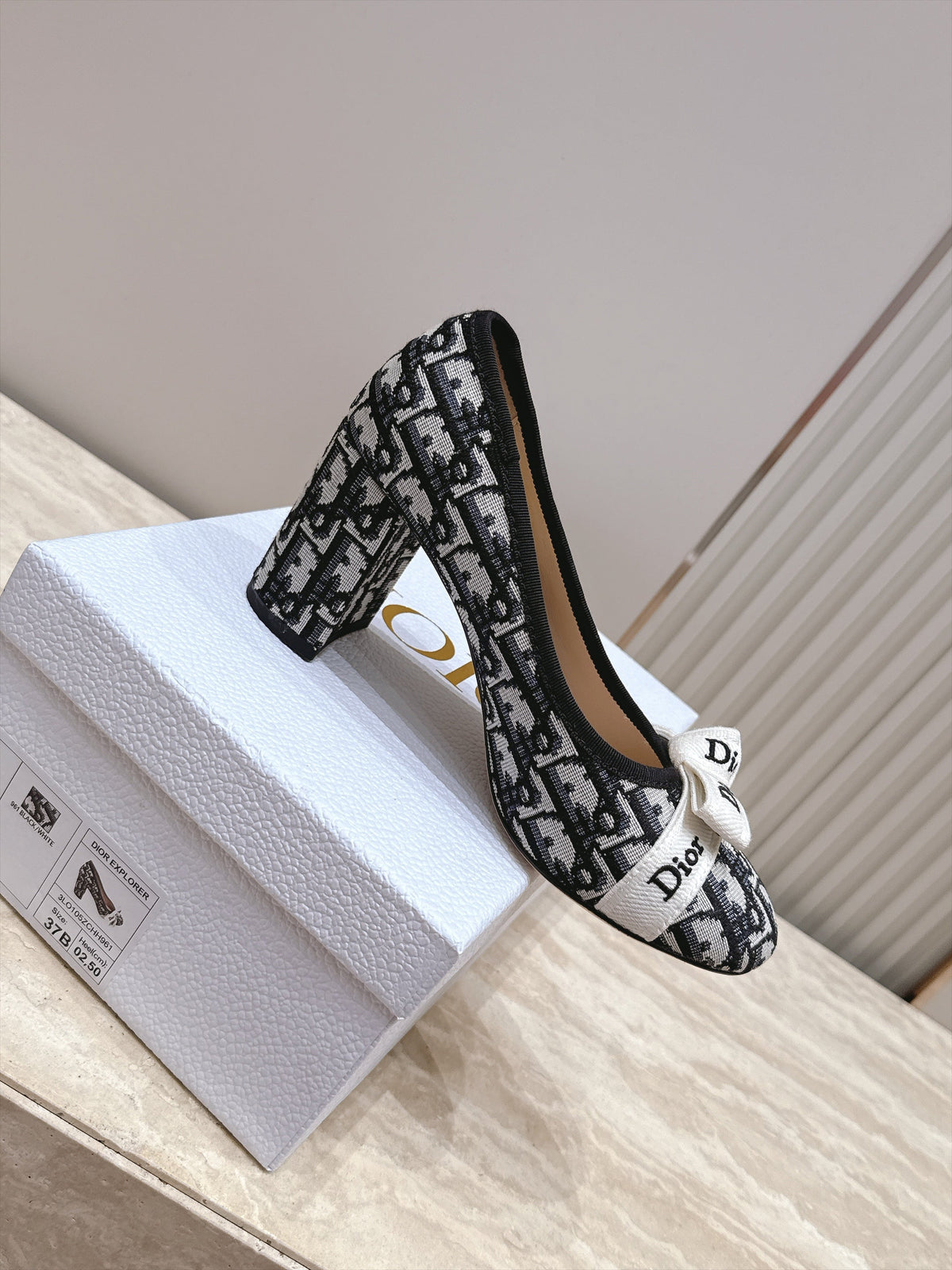 CD 26s Block Heel Pumps 7cm White Black Oblique Canvas 121648