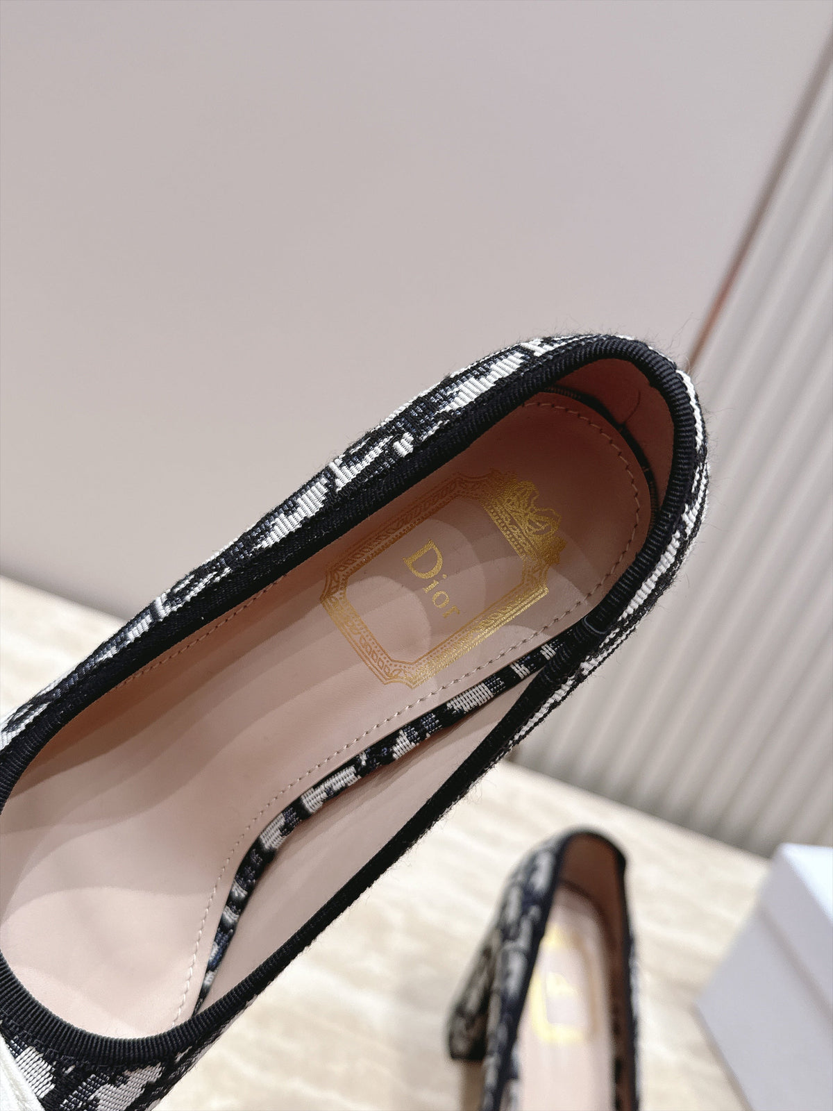 CD 26s Block Heel Pumps 7cm White Black Oblique Canvas 121648