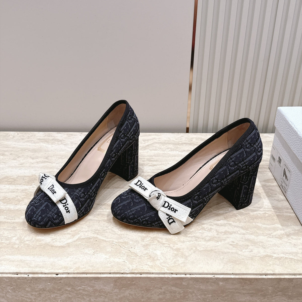 CD 26s Block Heel Pumps 7cm Black Oblique Canvas 121649